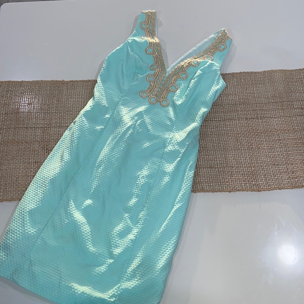 Lilly Pulitzer party dress size 0 dress gold trim aqua/teal/blue